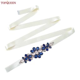 TOPQUEEN Handmade Wedding Belt Navy Blue Stone Floral Design Bridal Ribbon Belt Wedding Accessories Bridesmaid Sash S45-ML