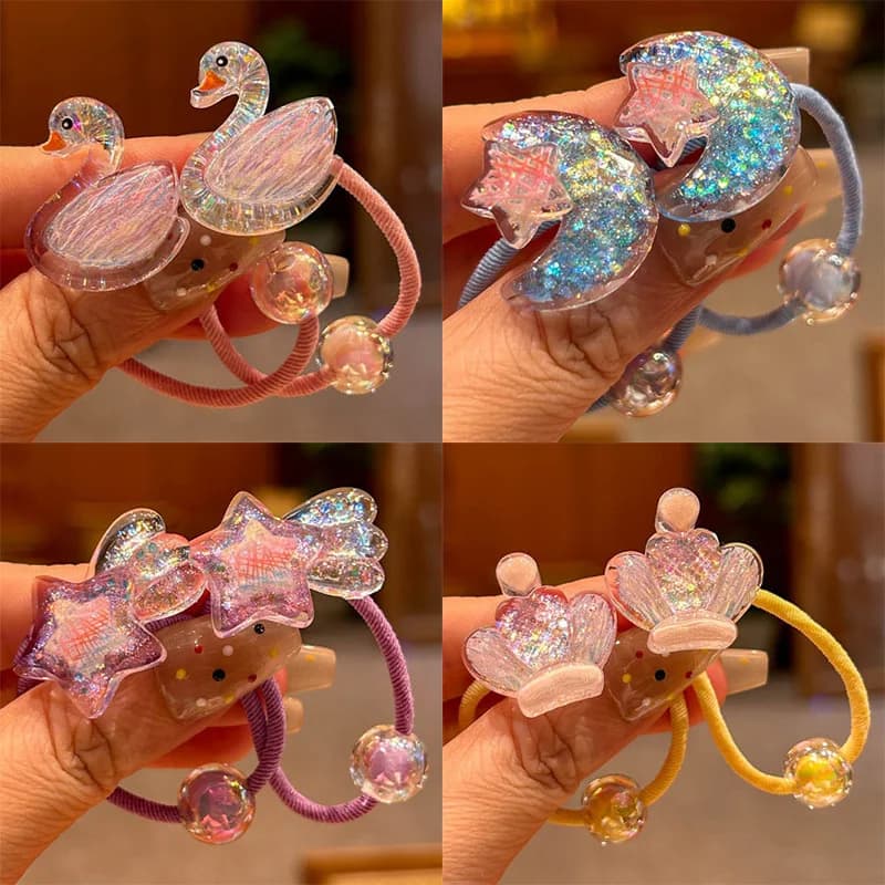 2PCS Cartoon Beaded Clouds Moon Swan Girls Lovely Elastic Hair Bands Princess Hair Accessories Children Hair Ties Baby Headwear