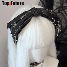Gothic Bow Leather Harajuku Punk Zipper Pin Headbands Women Subculture Streewear Hair Band Y2K Girl Headdress Hair Accessories