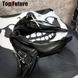 Gothic Bow Leather Harajuku Punk Zipper Pin Headbands Women Subculture Streewear Hair Band Y2K Girl Headdress Hair Accessories