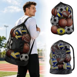 Large Mesh Ball Bag Drawstring Bag for Storage Soccer Basketball Volleyball Training Bags Black Sports Bag with Shoulder Straps