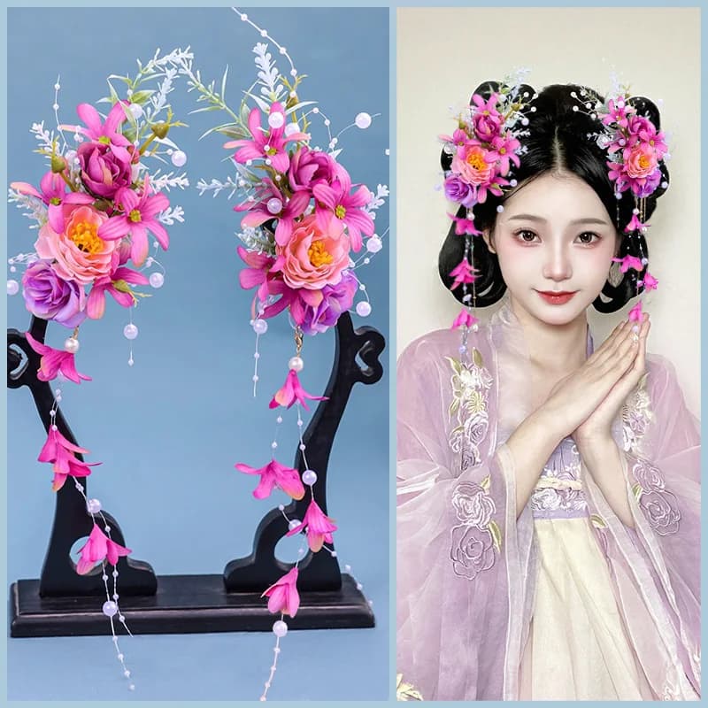 Chinese retro bridal headpiece 1 pair of pink floral tassel hair clips Wedding party performance headband Hair accessories