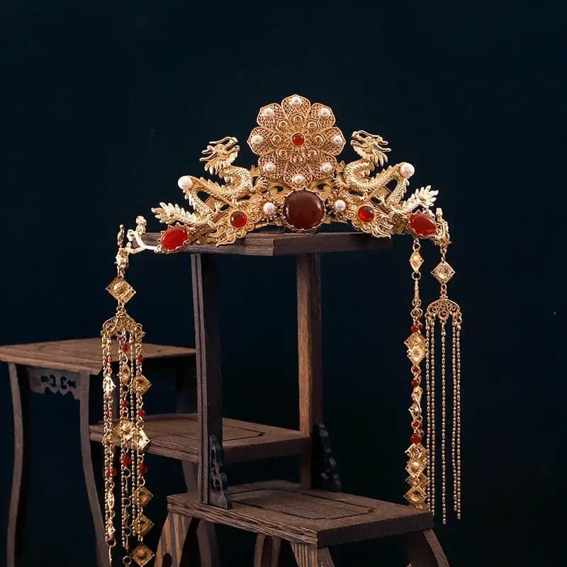 Womens Gold Plated Double Dragon With Long Tassel Hairpin Headdress