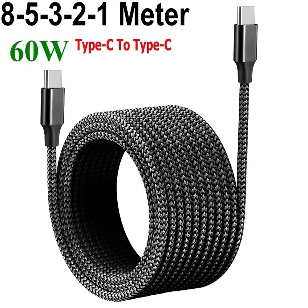 PD 60W USB C To Type C Extended Cable Fast Charging Nylon Braided Dual Type-C Data Cord for Xiaomi Samsung Huawei 1M 2M 3M 5M 8M