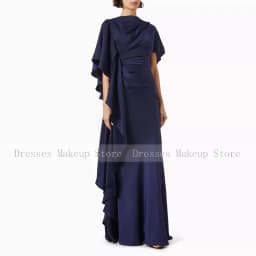 Elegant Evening Dress Navy Blue Satin Pleat Ruffles Women's Evening Gowns Mermaid O Neck Trumpet 2024 Wedding Guest Dresses Long
