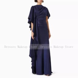 Elegant Evening Dress Navy Blue Satin Pleat Ruffles Women's Evening Gowns Mermaid O Neck Trumpet 2024 Wedding Guest Dresses Long