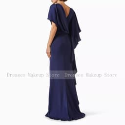 Elegant Evening Dress Navy Blue Satin Pleat Ruffles Women's Evening Gowns Mermaid O Neck Trumpet 2024 Wedding Guest Dresses Long