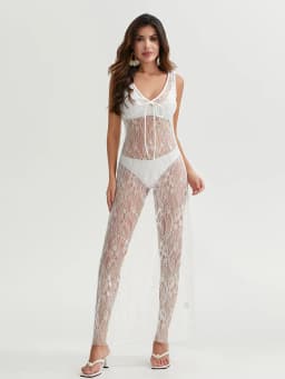 y2k Clothing Women's Sexy See-Through Lace Floral Sheer Tank Dress Summer  Sleeveless V Neck Cover-up Long Dress Streetwear