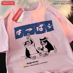 Harajuku Japanese Cat Drinking Tops Mens Fashion O-Neck T-Shirt Street Summer Oversized Clothing Hip Hop Sweat Cotton Tshirts