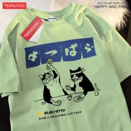 Harajuku Japanese Cat Drinking Tops Mens Fashion O-Neck T-Shirt Street Summer Oversized Clothing Hip Hop Sweat Cotton Tshirts