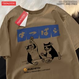 Harajuku Japanese Cat Drinking Tops Mens Fashion O-Neck T-Shirt Street Summer Oversized Clothing Hip Hop Sweat Cotton Tshirts