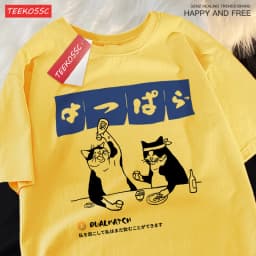 Harajuku Japanese Cat Drinking Tops Mens Fashion O-Neck T-Shirt Street Summer Oversized Clothing Hip Hop Sweat Cotton Tshirts