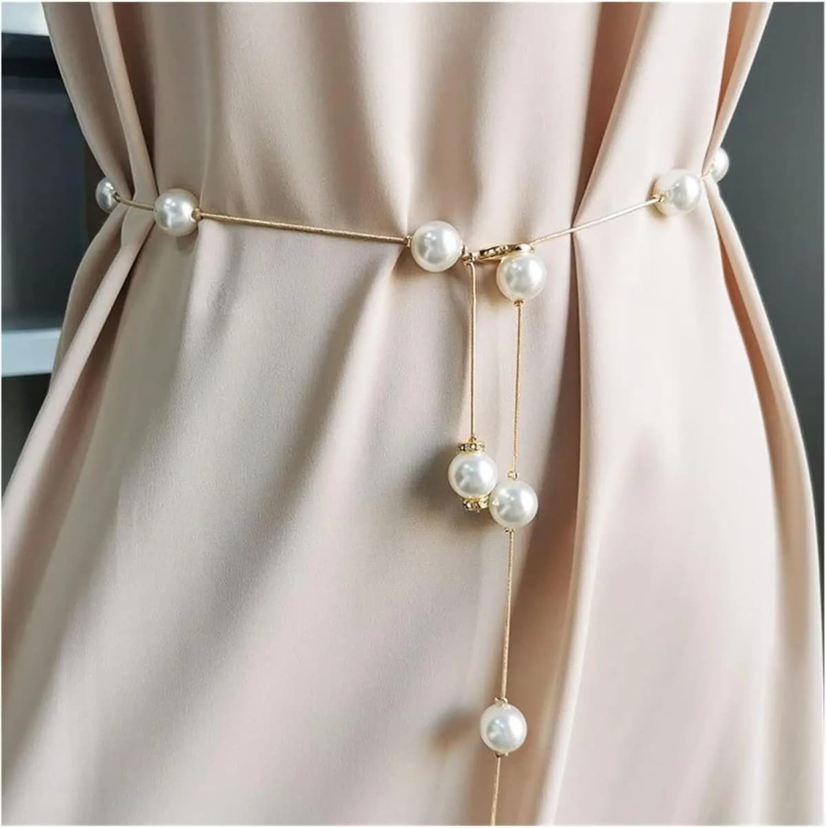 Elegant Pearl Women's Belt Simple Adjustable Metal Thin Chain Dress Skinny Belt Decorative Jewelry