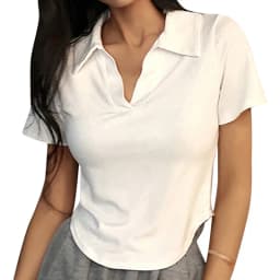 Summer Short Sleeve Lapel Top Women'S Solid V-Neck Pullovers Retro Sweet Shirts Hot Girl Crop Top Female Slim Versatile Tee