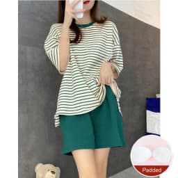 Self Chest Pad Pajamas Extra Large Size Women Striped Student Pajamas Striped Short Sleeve Shorts Easy Clean Pajamas Two Piece S