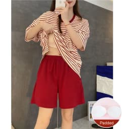 Self Chest Pad Pajamas Extra Large Size Women Striped Student Pajamas Striped Short Sleeve Shorts Easy Clean Pajamas Two Piece S