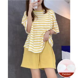 Self Chest Pad Pajamas Extra Large Size Women Striped Student Pajamas Striped Short Sleeve Shorts Easy Clean Pajamas Two Piece S