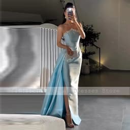 Luxury Evening Dresses for Women 2025 Sky Blue Satin Side Slit Column Evening Gown Long Draped Beaded Rhinestone Party Dress