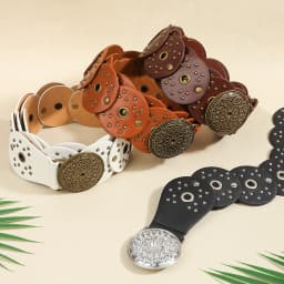 New retro design sense disc punch stitching belt rivets metal buckle PU belt 2024 fashion personality