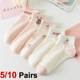 5/10 Pairs Women Striped Ankle Socks Fashionable Breathable Comfortable Spring Summer Cute Pink Fruit Pattern Casual Socks