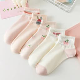 5/10 Pairs Women Striped Ankle Socks Fashionable Breathable Comfortable Spring Summer Cute Pink Fruit Pattern Casual Socks