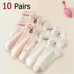 5/10 Pairs Women Striped Ankle Socks Fashionable Breathable Comfortable Spring Summer Cute Pink Fruit Pattern Casual Socks