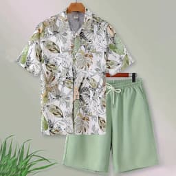 Stylish Lapel Button-Down Shirt Shorts Set Summer Men's Short-Sleeved Shirt Drawstring Shorts 2-Piece 3D Leaf Print Travel Suit
