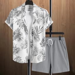 Stylish Lapel Button-Down Shirt Shorts Set Summer Men's Short-Sleeved Shirt Drawstring Shorts 2-Piece 3D Leaf Print Travel Suit
