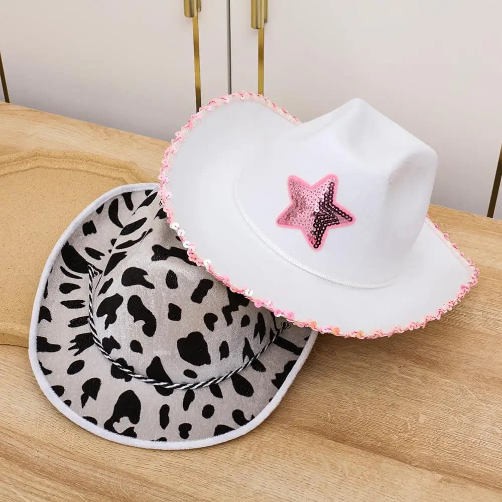 Summer Women Girls Adult Size Neck Draw String Adjustable Cow Girl Hat White Cowgirl Hat Cowboy Hat Pink Star