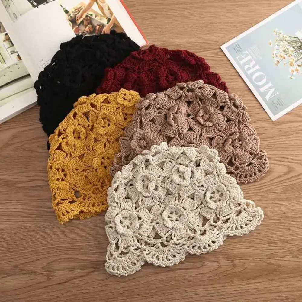 Breathable Hollowed Out Baotou Hat Casual Handmade Knitted Hat Flowers Spring Summer Cap for Women