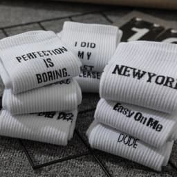 5/10 Pairs Random Men's Crew Socks, White with Letter Design, Trendy, Unique, Fun, Moisture-Wicking, Gift Recommendation