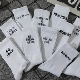 5/10 Pairs Random Men's Crew Socks, White with Letter Design, Trendy, Unique, Fun, Moisture-Wicking, Gift Recommendation