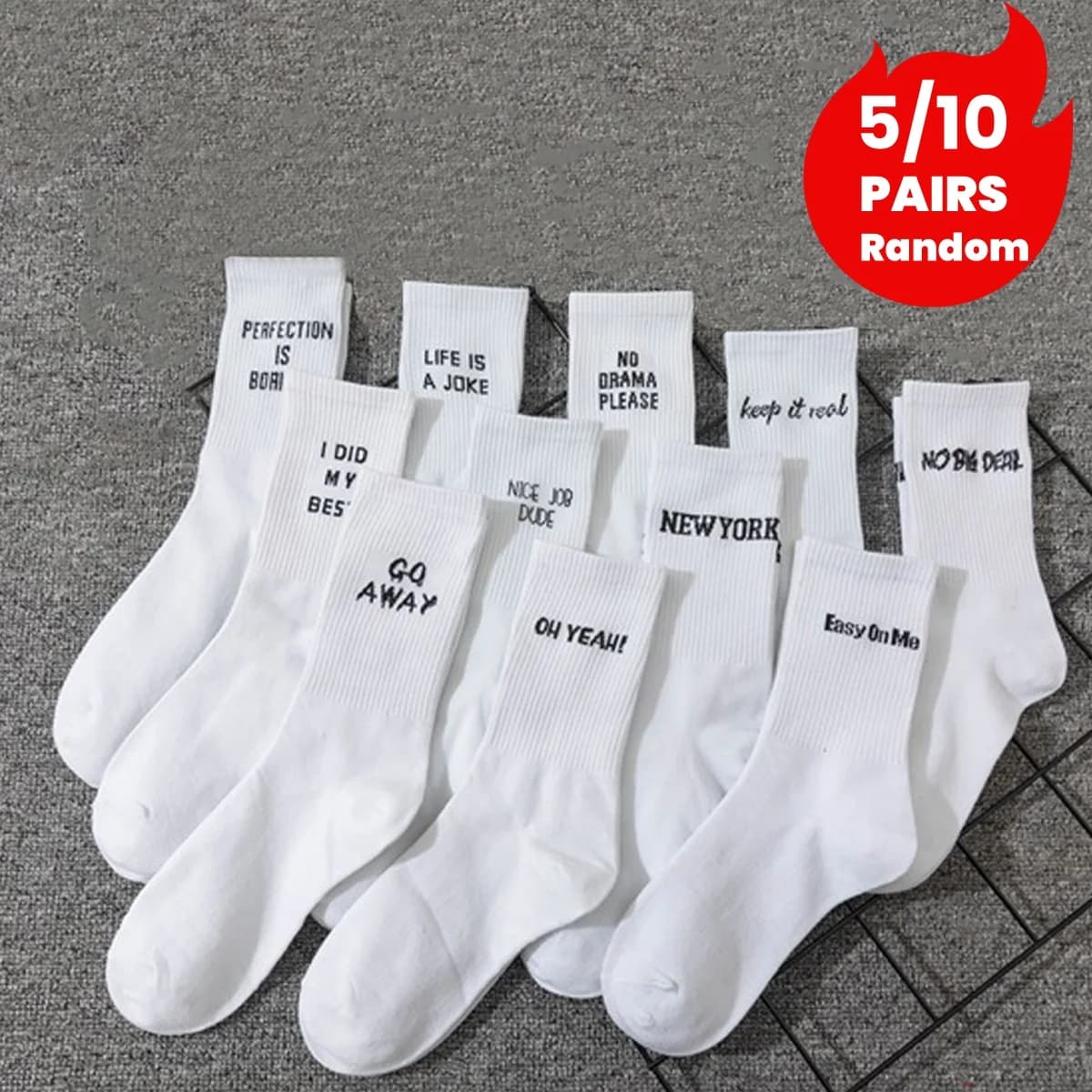 5/10 Pairs Random Men's Crew Socks, White with Letter Design, Trendy, Unique, Fun, Moisture-Wicking, Gift Recommendation