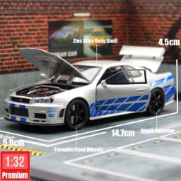 1/32 Nissan Skyline GTR R34 JDM Super Sport Car Model Diecast Vehicle Miniature Pull Back Display Collection Gift Boyfriend