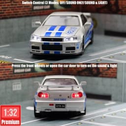 1/32 Nissan Skyline GTR R34 JDM Super Sport Car Model Diecast Vehicle Miniature Pull Back Display Collection Gift Boyfriend