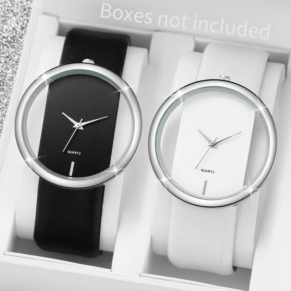2PCS Couple's Watches Fashion Hollow Out Dial Women’s Watch Leather Band Analog Quartz Wristwatch(Without Box)