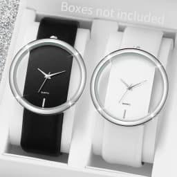 2PCS Couple's Watches Fashion Hollow Out Dial Women’s Watch Leather Band Analog Quartz Wristwatch(Without Box)