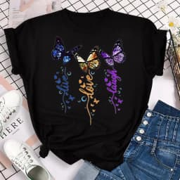 New Blue Butterfly Floral Printed T-Shirt Women's Summer Casual Short Sleeve O-neck Tops 90s Fashion Graphic Female Tops Tees