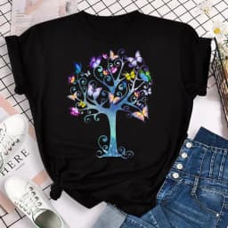 New Blue Butterfly Floral Printed T-Shirt Women's Summer Casual Short Sleeve O-neck Tops 90s Fashion Graphic Female Tops Tees