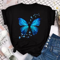 New Blue Butterfly Floral Printed T-Shirt Women's Summer Casual Short Sleeve O-neck Tops 90s Fashion Graphic Female Tops Tees