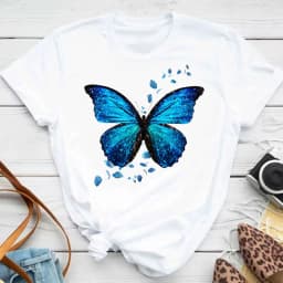 New Blue Butterfly Floral Printed T-Shirt Women's Summer Casual Short Sleeve O-neck Tops 90s Fashion Graphic Female Tops Tees