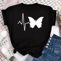 New Blue Butterfly Floral Printed T-Shirt Women's Summer Casual Short Sleeve O-neck Tops 90s Fashion Graphic Female Tops Tees