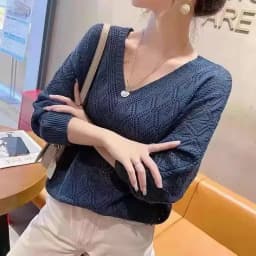Women's Sweater Fashion V-neck Crochet Hollow Knit Sweater Autumn Thin Loose Bat Shirt Short Paragraph Ladies Tops Korean Jumper