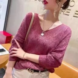 Women's Sweater Fashion V-neck Crochet Hollow Knit Sweater Autumn Thin Loose Bat Shirt Short Paragraph Ladies Tops Korean Jumper