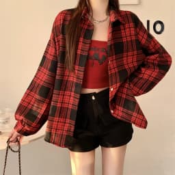 Black Flannel Shirt for Women Long Sleeve Collared Button-Up Tartan Plaid Shirt Jacket Teen-girl Casual Everyday Outfit