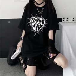 Y2k Fashion Goth Vintage Print T-shirt Women Harajuku Streetwear Dark Gothic Emo Alt Short Sleeve O-neck Loose Black Tee Tops