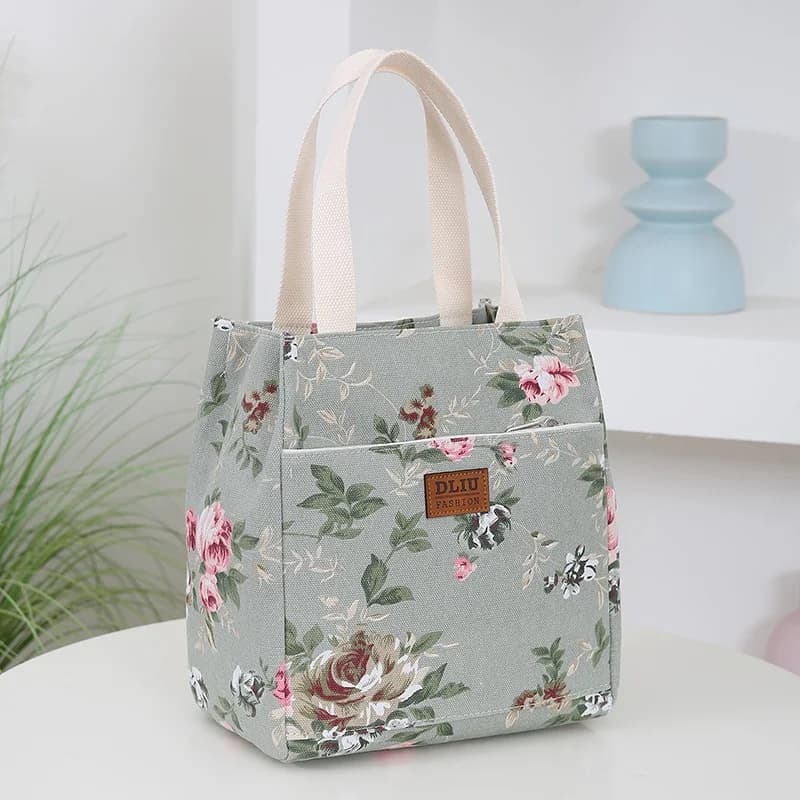 New Canvas Flower Printed Fabric Handbag, Work Portable Multi-Pocket Zipper Semi-Closed Daily Clutter Storage Bag, Bento Bag