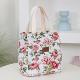 New Canvas Flower Printed Fabric Handbag, Work Portable Multi-Pocket Zipper Semi-Closed Daily Clutter Storage Bag, Bento Bag