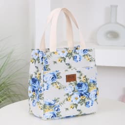 New Canvas Flower Printed Fabric Handbag, Work Portable Multi-Pocket Zipper Semi-Closed Daily Clutter Storage Bag, Bento Bag