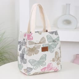 New Canvas Flower Printed Fabric Handbag, Work Portable Multi-Pocket Zipper Semi-Closed Daily Clutter Storage Bag, Bento Bag